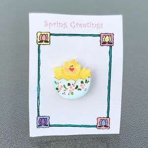 Hand Painted Yellow Easter Chick in Egg Wood Brooch Pin